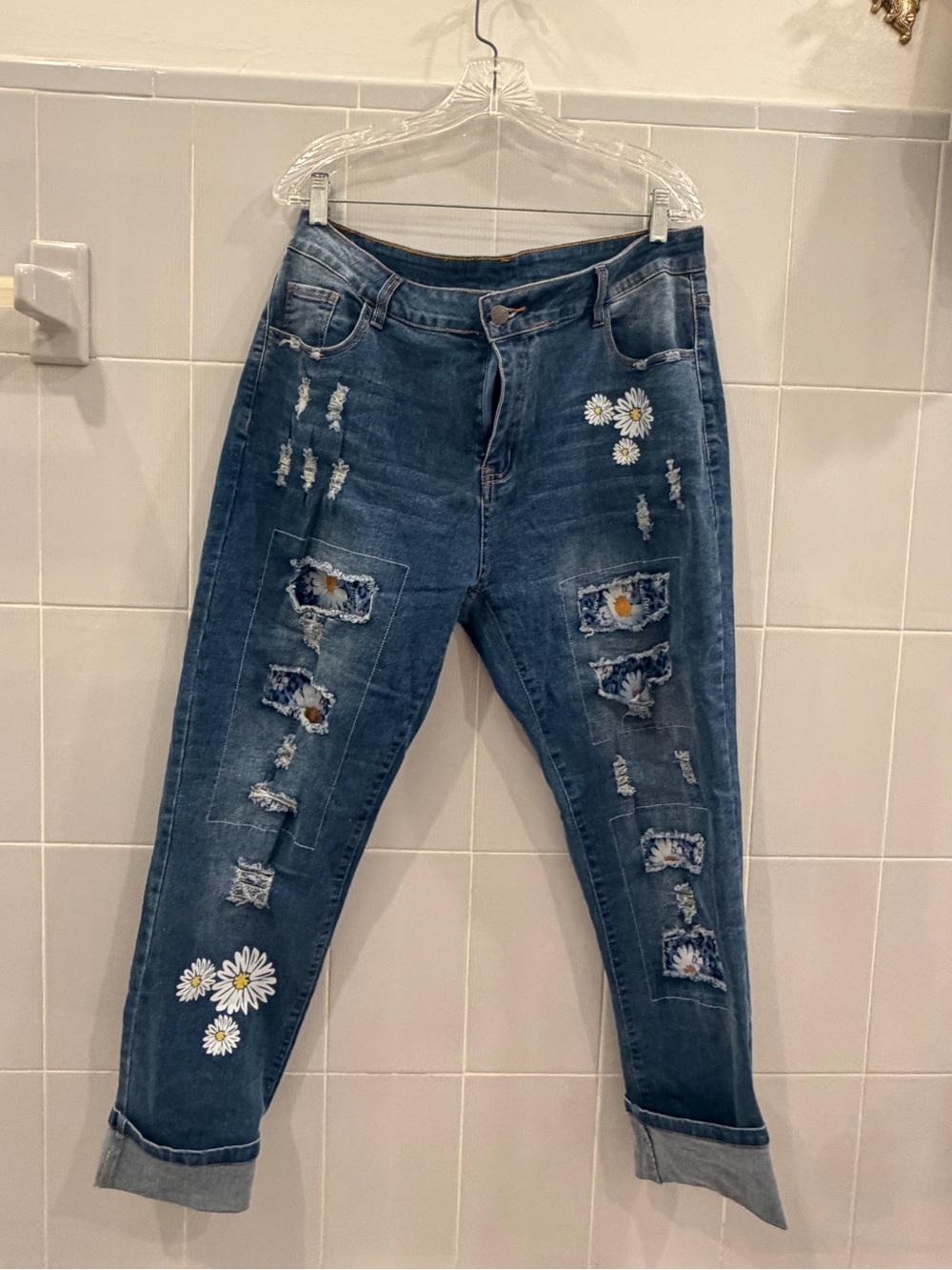 Blue Distressed Daisy Embroidered Women’s Jeans